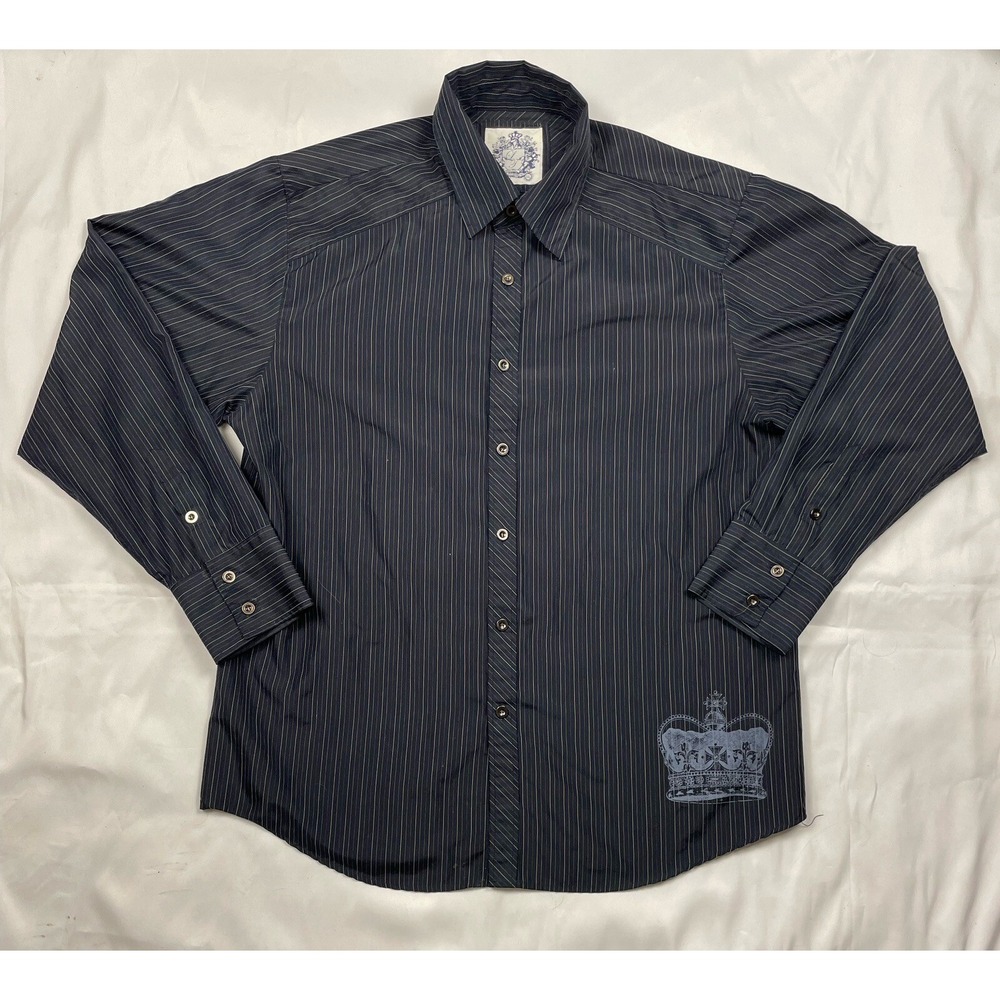 Level Ten Shirt Mens XXLarge Button Up Gray Black‎ Striped Long Sleeve Crown